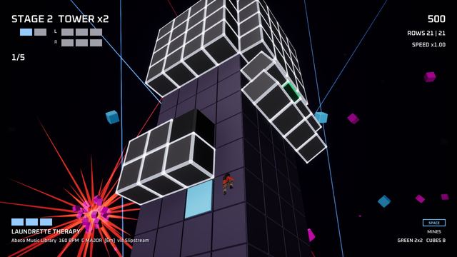 Two-faced tower in the neon zone, a red starburst in the void